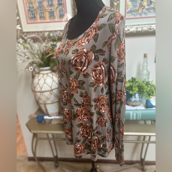 LOGO BY LORI GOLDSTEIN GREEN & BROWN FLORAL DRESSY CASUAL SWING BLOUSE SZ M - Picture 5 of 8